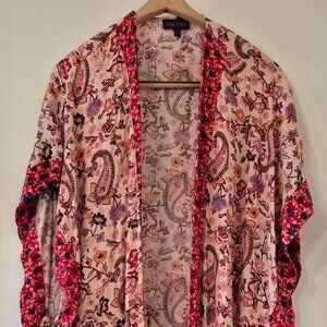 Women Floral Paisley Kimono Cover-up Layering Boho Coastal Grandmother Festival